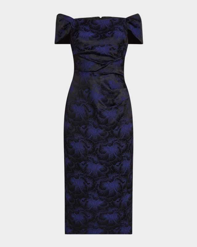 Off-Shoulder Floral Jacquard Midi Dress